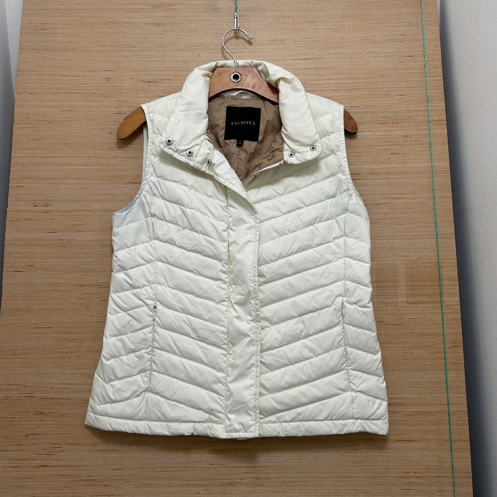 Talbots Womens Cream Chevron Quilted Puffer Vest Small Ivory Zip Snap Mock Neck